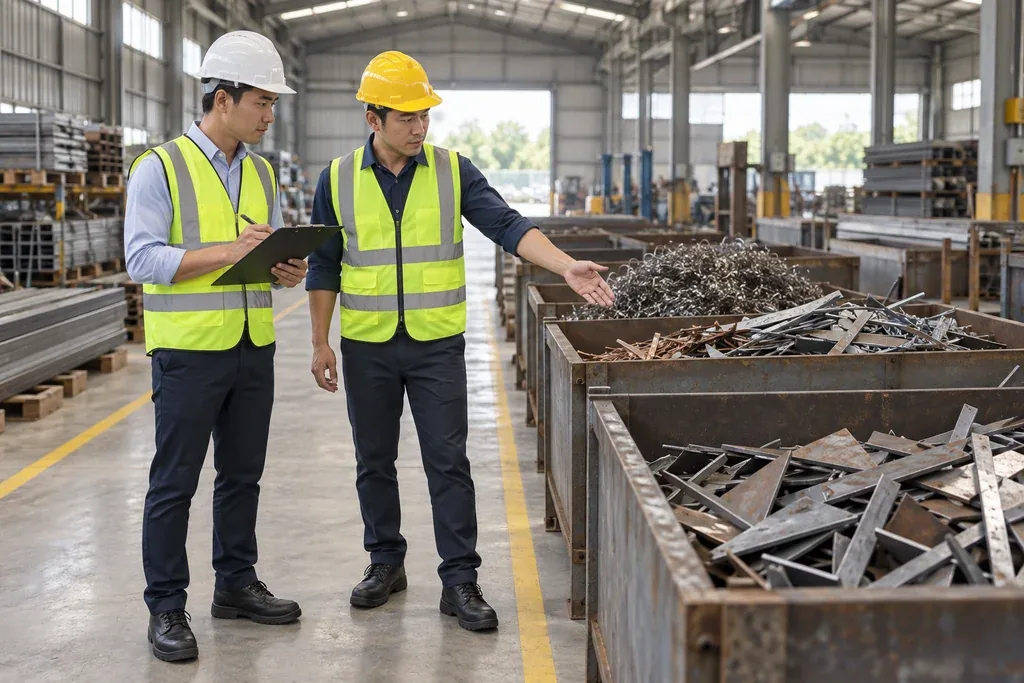 Minh họa hai nhân viên khảo sát các thùng phế liệu kim loại trong nhà xưởng