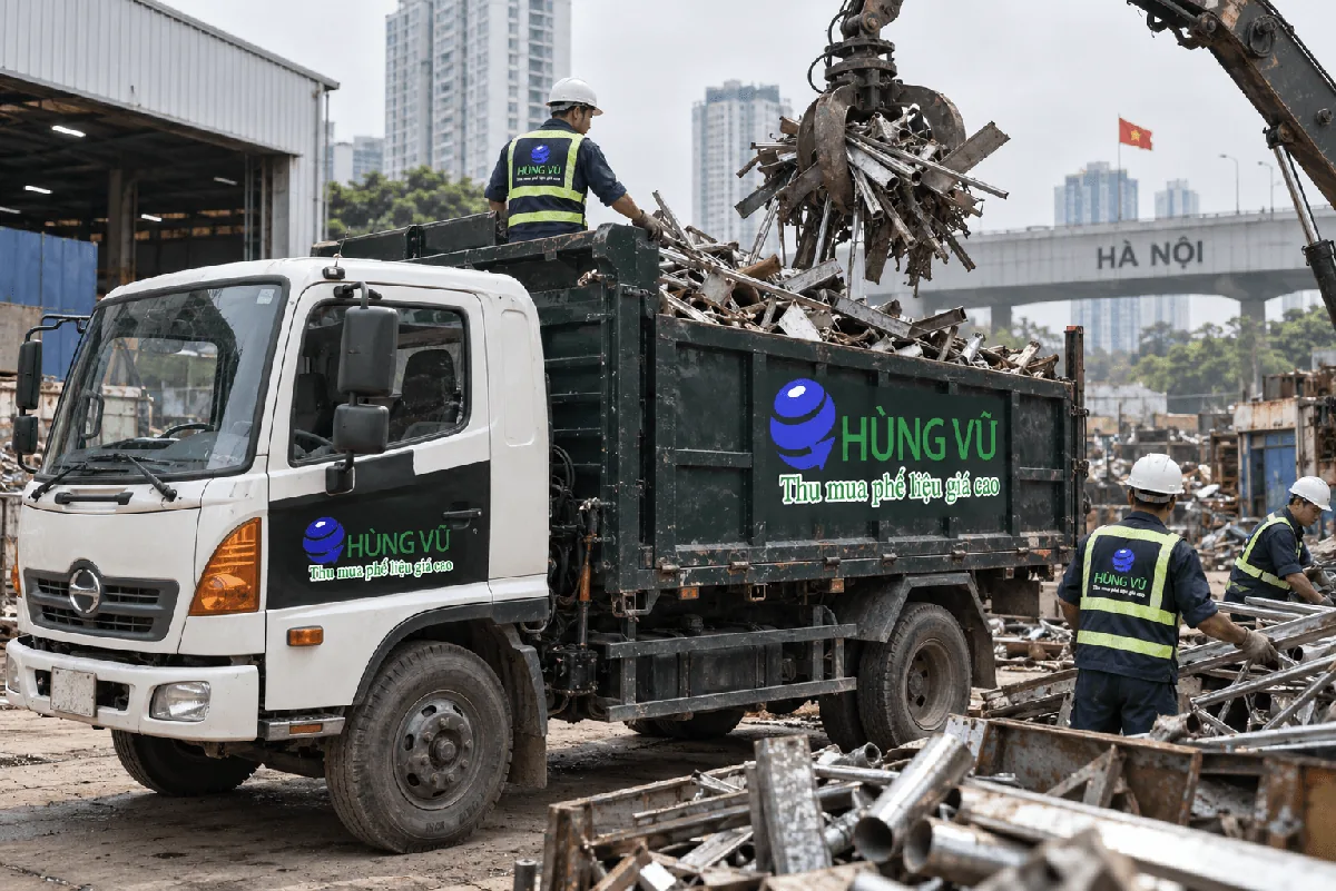 Minh họa xe tải thu gom phế liệu sắt thép tại công trình ở Hà Nội