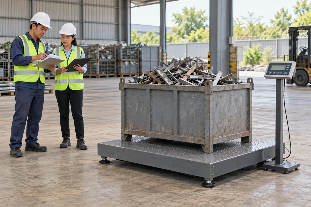 Minh họa cân thùng phế liệu và đối chiếu khối lượng tại nhà xưởng