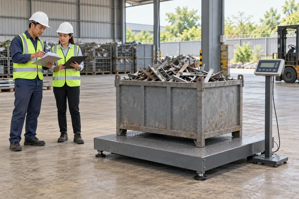 Minh họa cân thùng phế liệu và đối chiếu khối lượng tại nhà xưởng