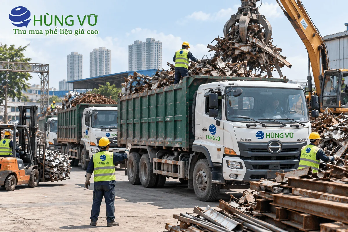Minh họa xe tải chở phế liệu và máy xúc gắp tại bãi thu gom, công nhân mặc áo phản quang làm việc cạnh xe