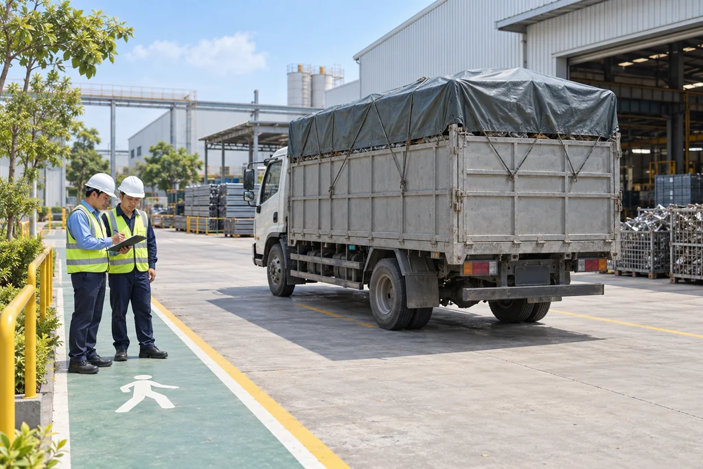 Minh họa xe thu gom phế liệu được che phủ tại khu vực nhà xưởng