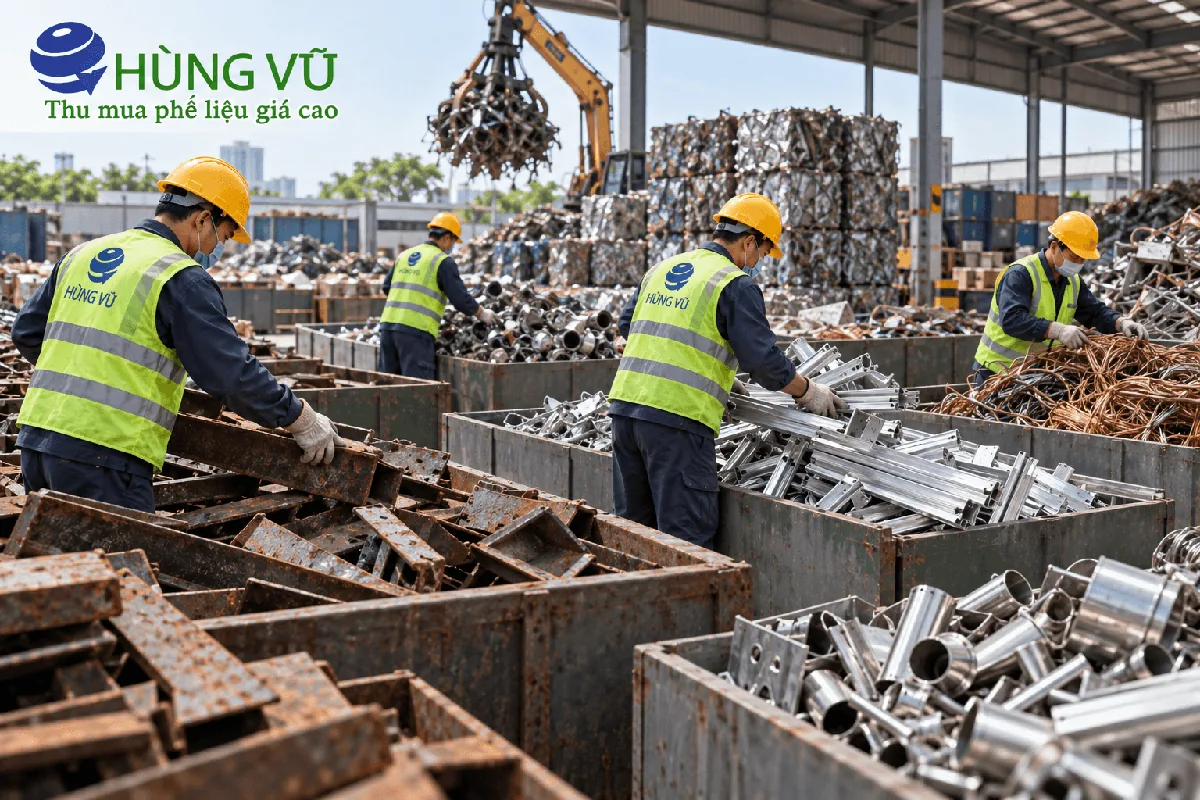 Minh họa công nhân phân loại ống inox, thép hình và dây đồng vào thùng chứa tại kho
