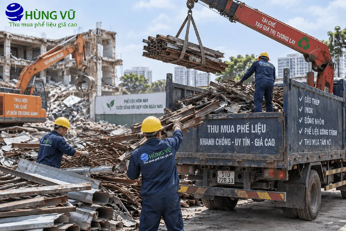 Minh họa cẩu bốc ống thép lên xe tải tại công trình tháo dỡ, công nhân làm việc trên thùng xe