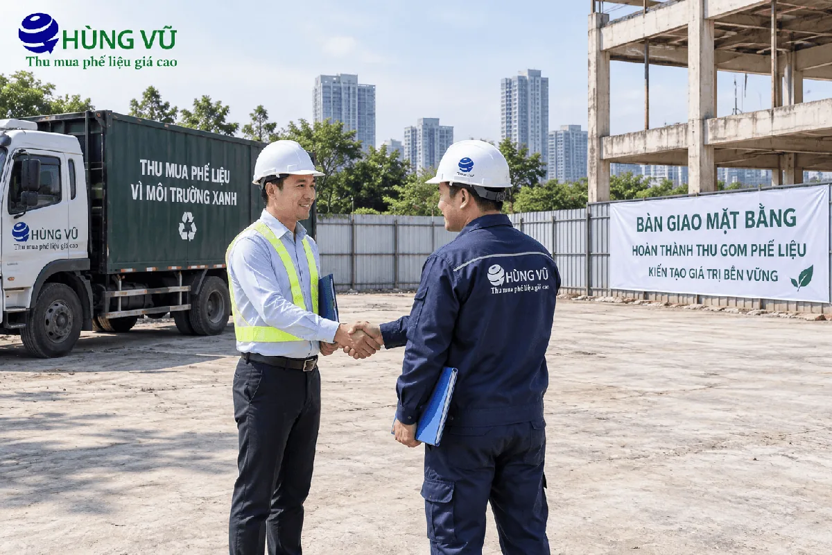 Minh họa hai nhân viên bắt tay bàn giao mặt bằng sau khi thu gom phế liệu, xe tải Hùng Vũ phía sau