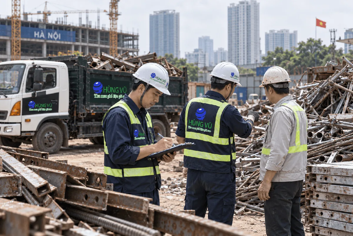 Minh họa lô phế liệu sắt thép và nhân viên kiểm đếm tại công trình ở Hà Nội