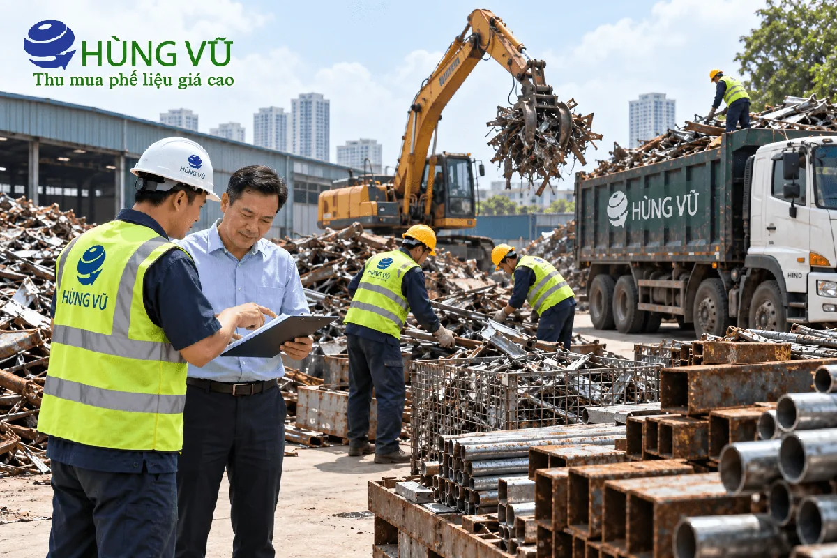 Minh họa nhân viên Hùng Vũ cùng khách kiểm tra lô phế liệu cạnh xe tải và máy xúc gắp
