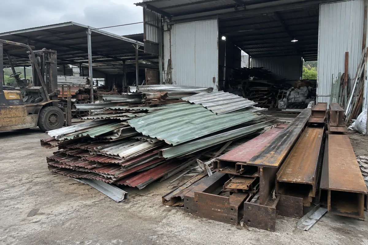 Minh họa tôn lợp cũ và thép hình gỉ xếp chồng, xe nâng, thu mua phế liệu Huế