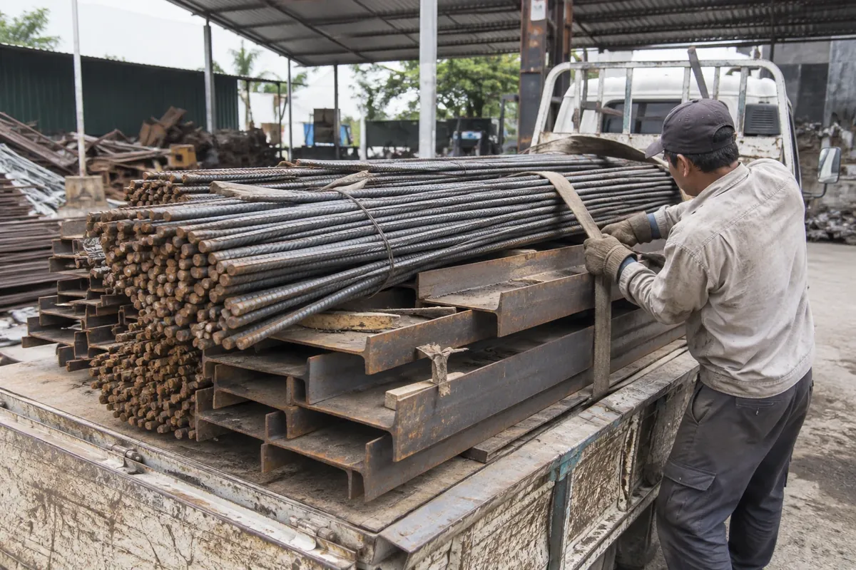 Minh họa xe tải chở thép cây và thép hình phế liệu, công nhân chằng dây, thu mua phế liệu Hà Nội