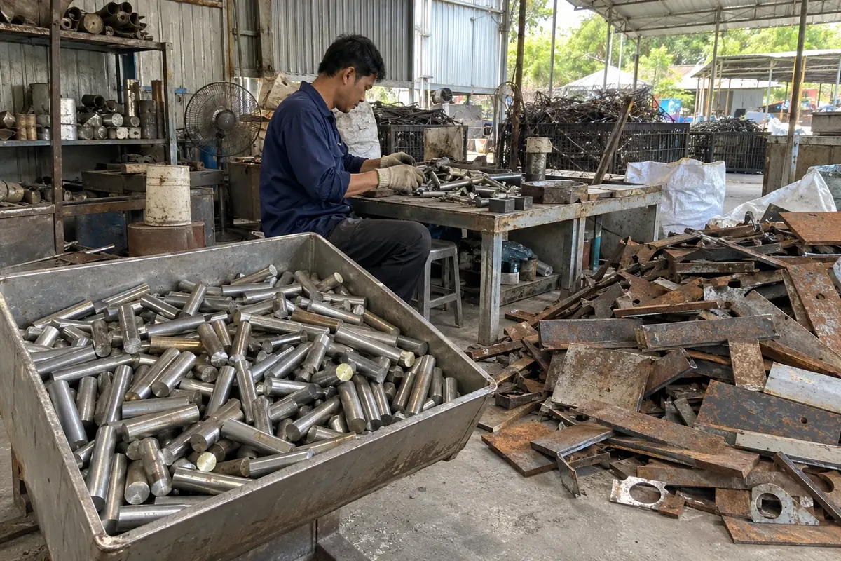 Minh họa công nhân phân loại trục thép cắt khúc và thép tấm gỉ, thu mua phế liệu Trà Vinh
