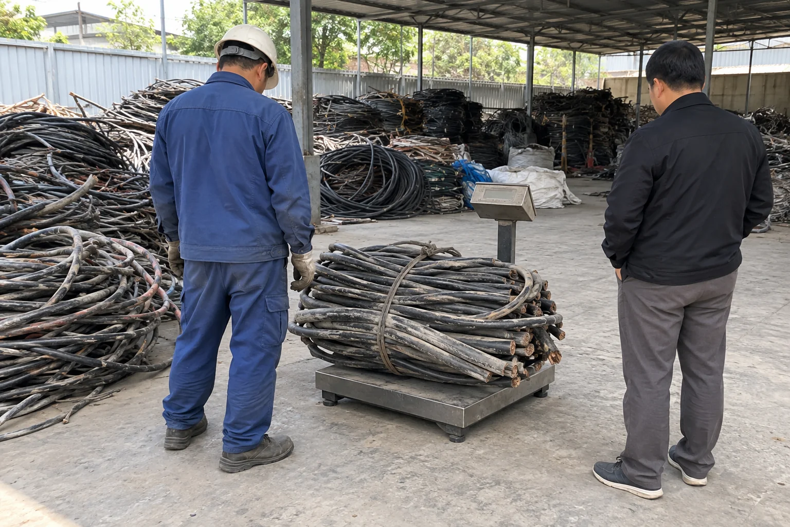 Ảnh minh họa: cân bó dây cáp điện cũ tại chỗ, người bán theo dõi số cân