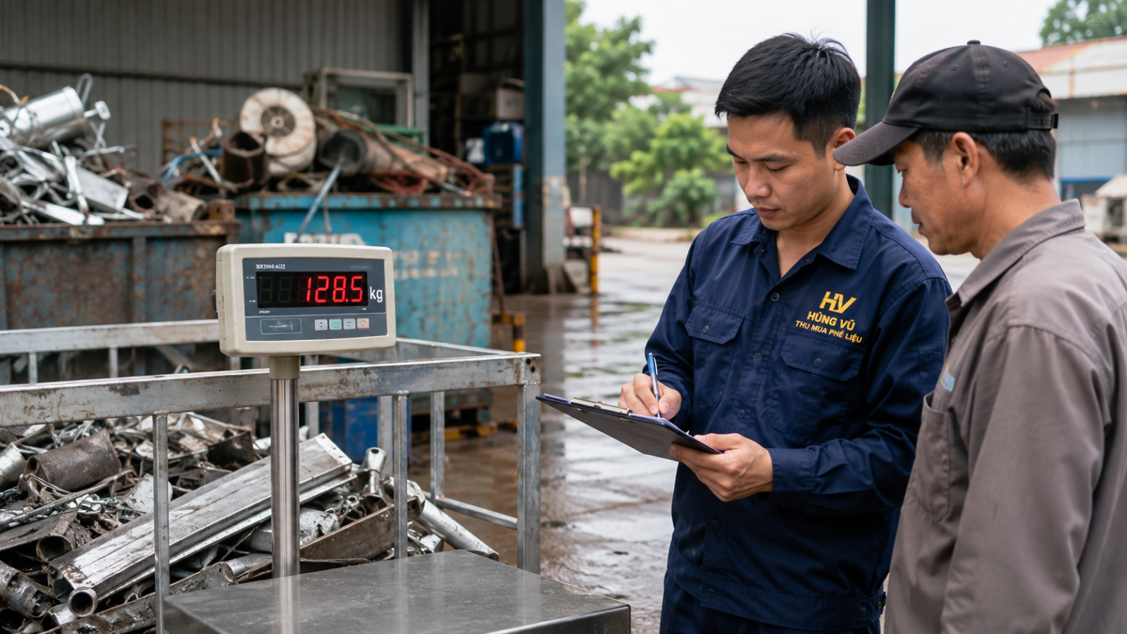 Cân điện tử hiển thị khối lượng phế liệu trước khi thanh toán