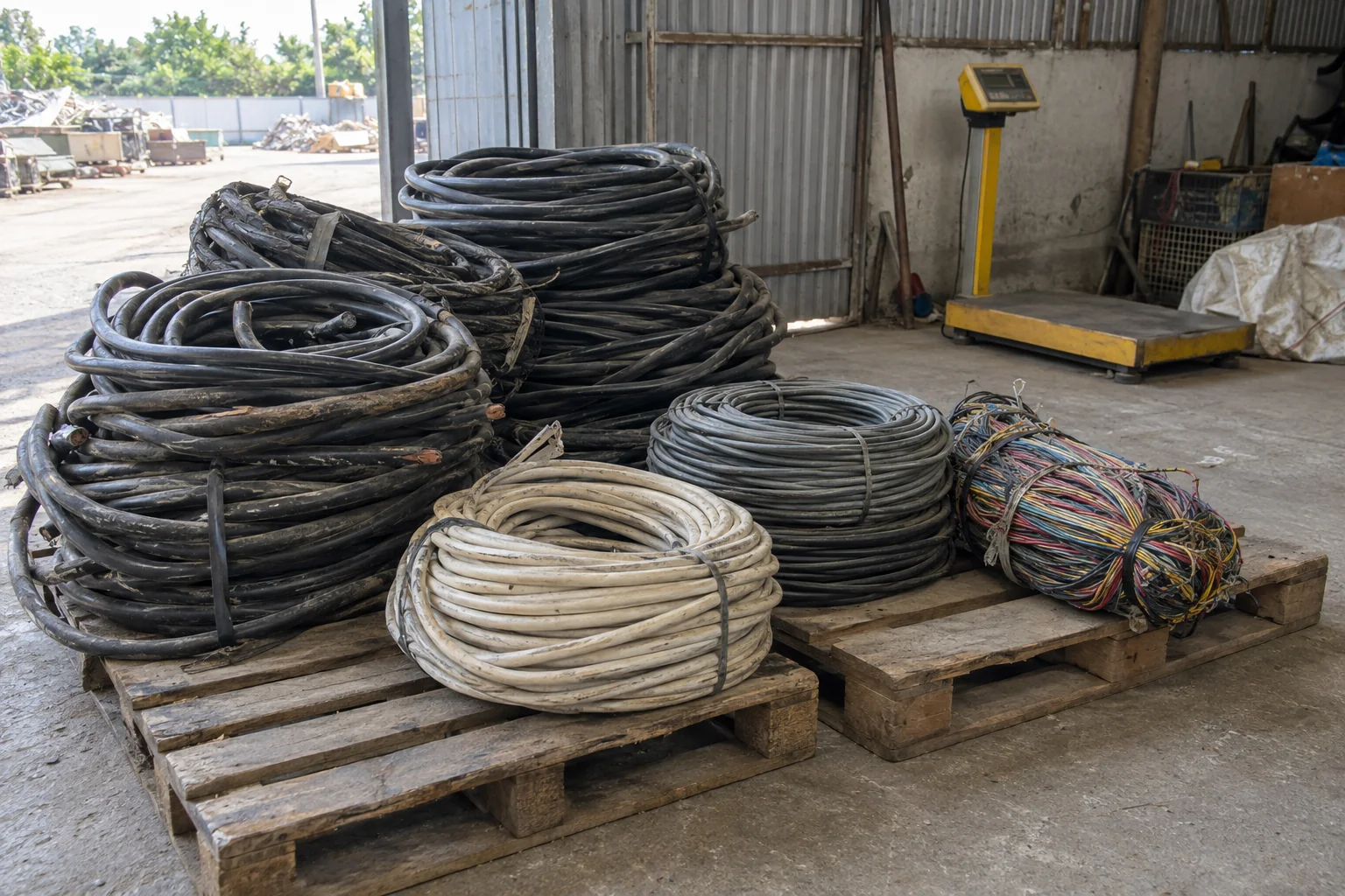 Ảnh minh họa: cuộn dây cáp điện cũ xếp trên pallet trong kho chờ cân