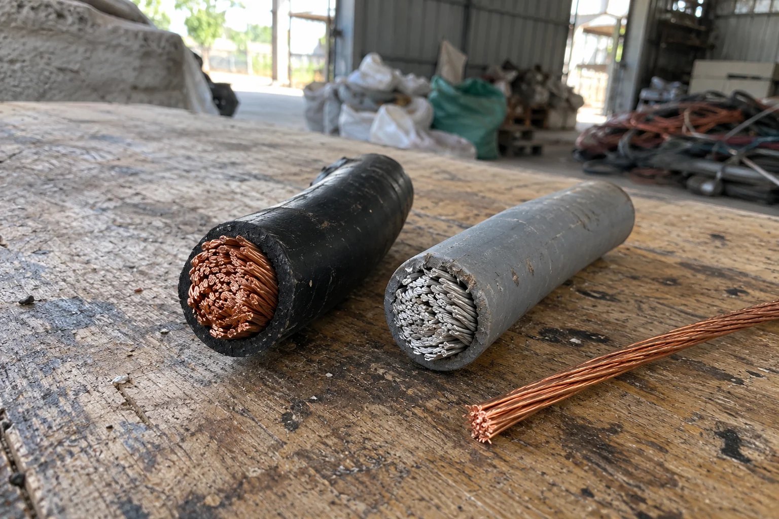 Ảnh minh họa: mặt cắt cáp điện lõi đồng đặt cạnh cáp lõi nhôm để so màu