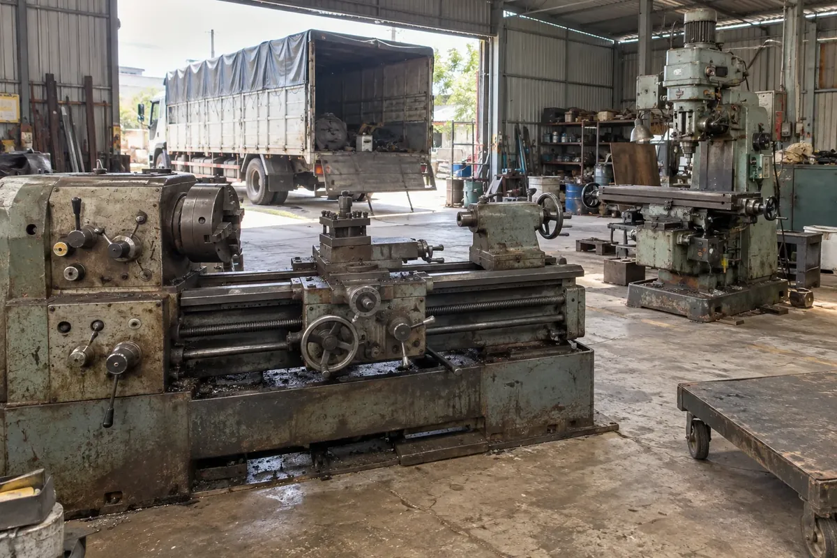 Minh họa thanh lý máy móc cũ: máy tiện và máy phay công nghiệp đã qua sử dụng trong nhà xưởng