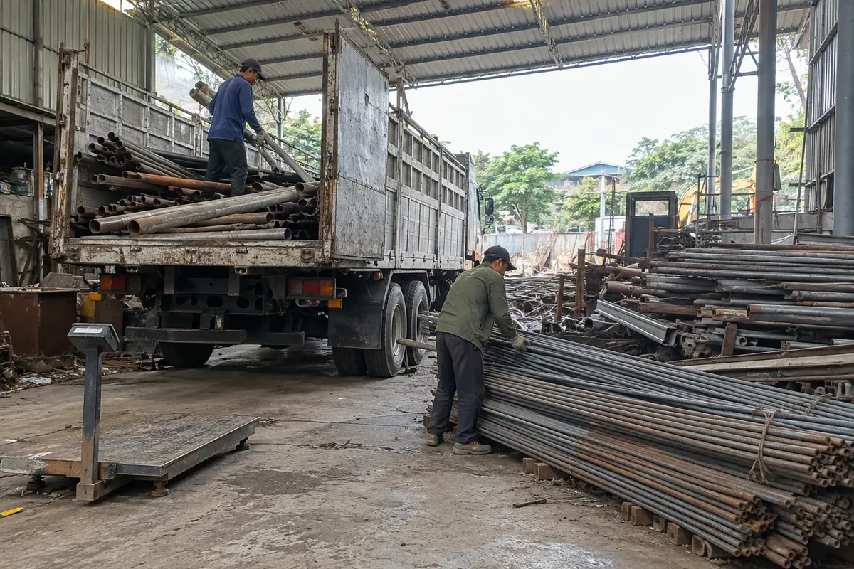 Minh họa thu gom phế liệu công trình: thép cây, ống thép và thép hình xếp gọn, xe tải đang bốc hàng