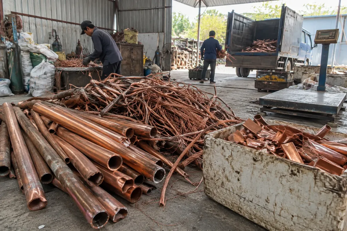 Minh họa thu mua phế liệu đồng: ống đồng và dây đồng tuốt, cân điện tử cân lô hàng tại kho