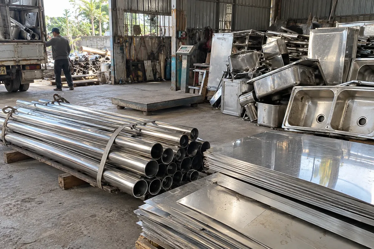 Minh họa thu mua phế liệu inox: ống inox, tấm inox và chậu rửa inox phế liệu đã phân loại tại bãi