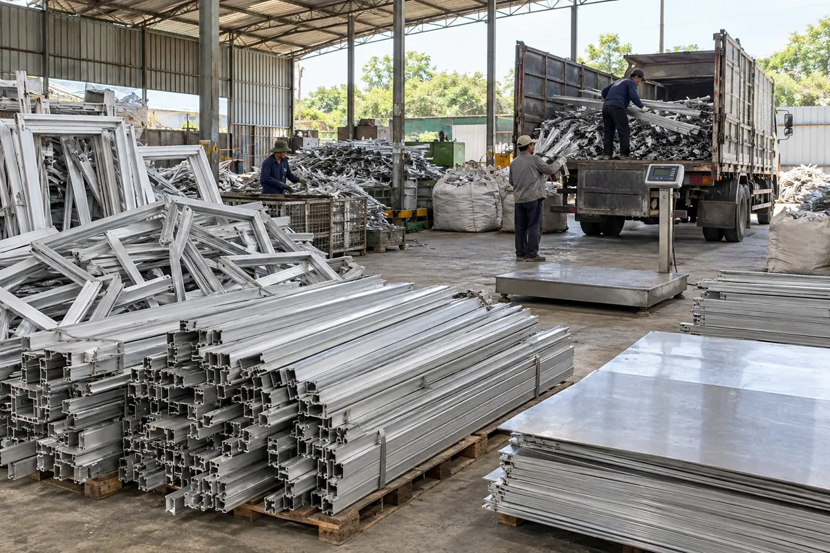 Minh họa phế liệu nhôm profile và cửa nhôm xếp chờ cân thu mua tại Nghệ An