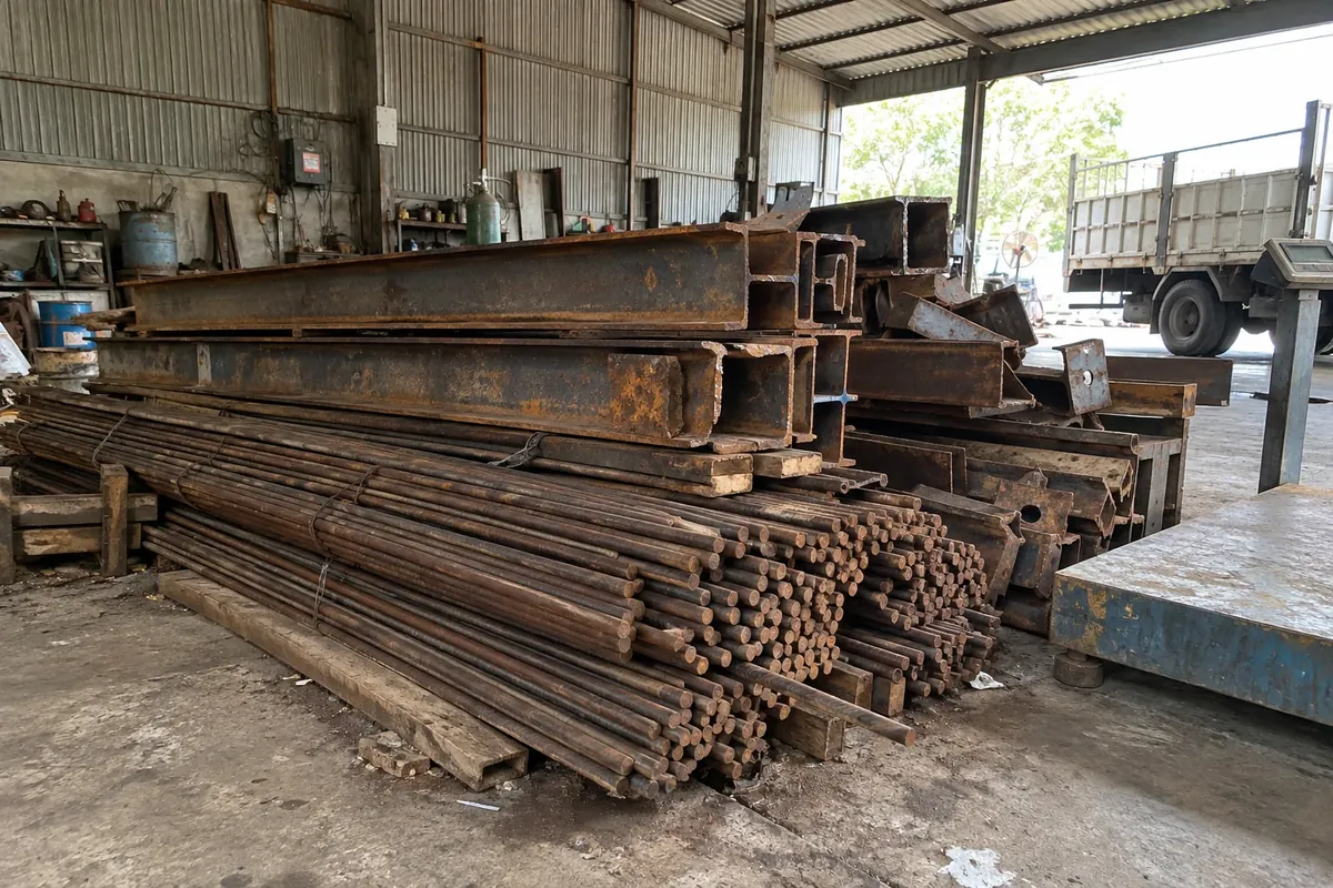 Minh họa thu mua phế liệu sắt thép: thép cây gỉ, xà thép và phế liệu sắt xếp chồng tại bãi
