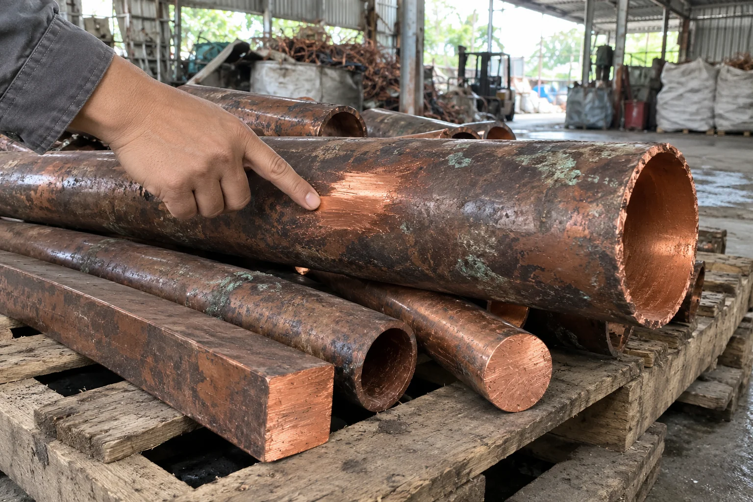 Ảnh minh họa: đồng đỏ phế liệu dạng ống và thanh, bề mặt xỉn và vết cạo lộ màu đỏ cam